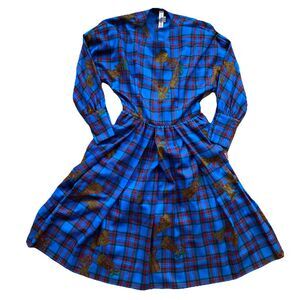 Vintage Adele Simpson Wool Dress 80s Electric Blue Plaid Maxi Christmas Bells